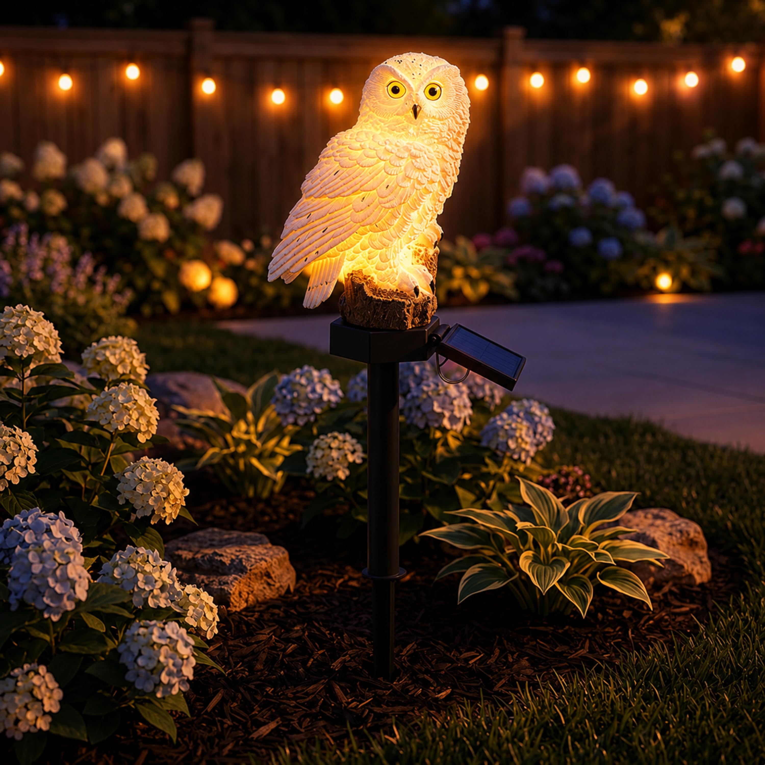 White solar owl stake light glowing in a landscaped yard after dark