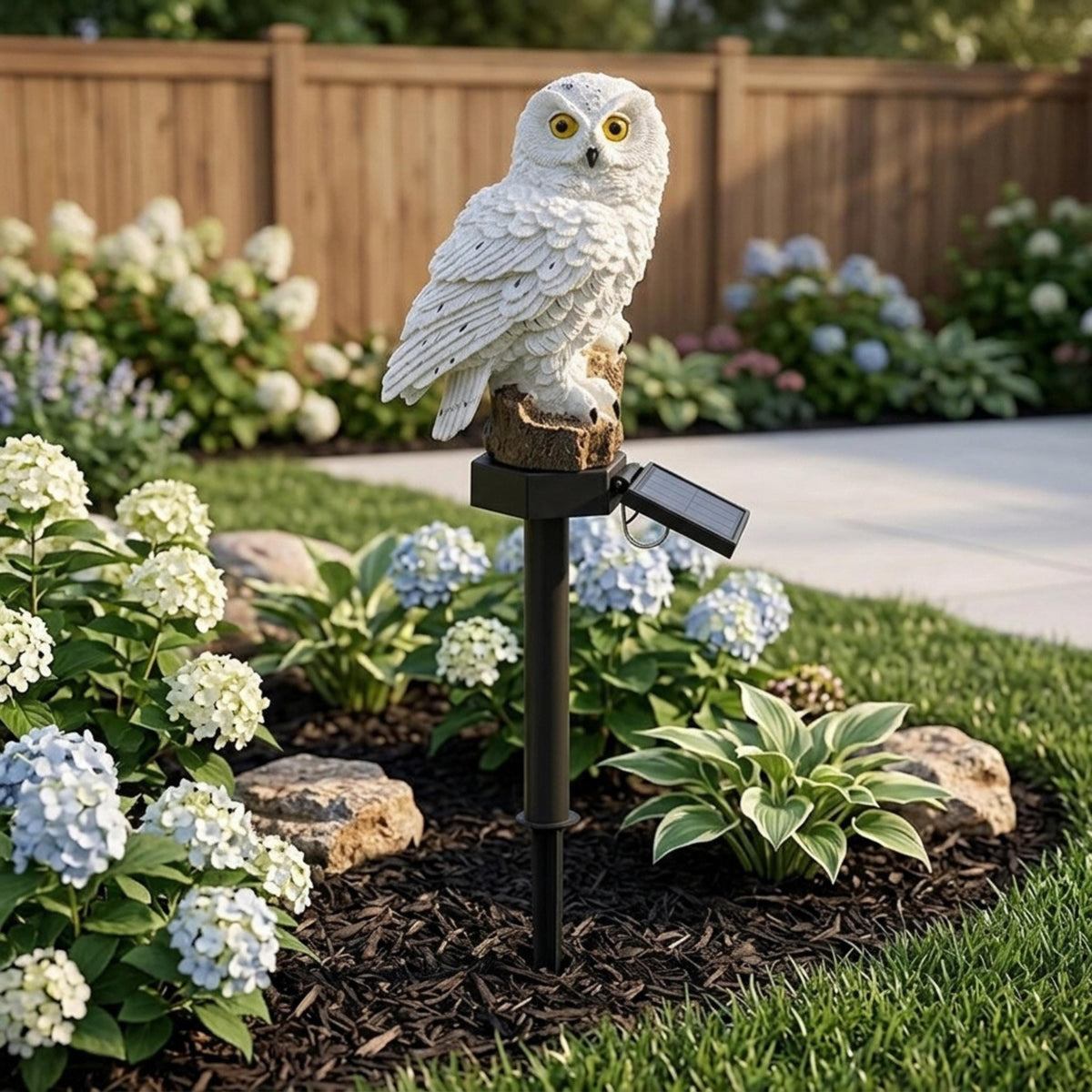 White solar owl garden stake displayed among hydrangeas in daylight