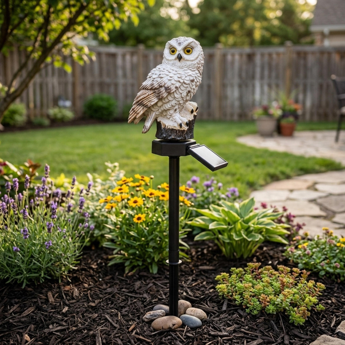 Brown solar owl stake light in a colorful backyard flower bed