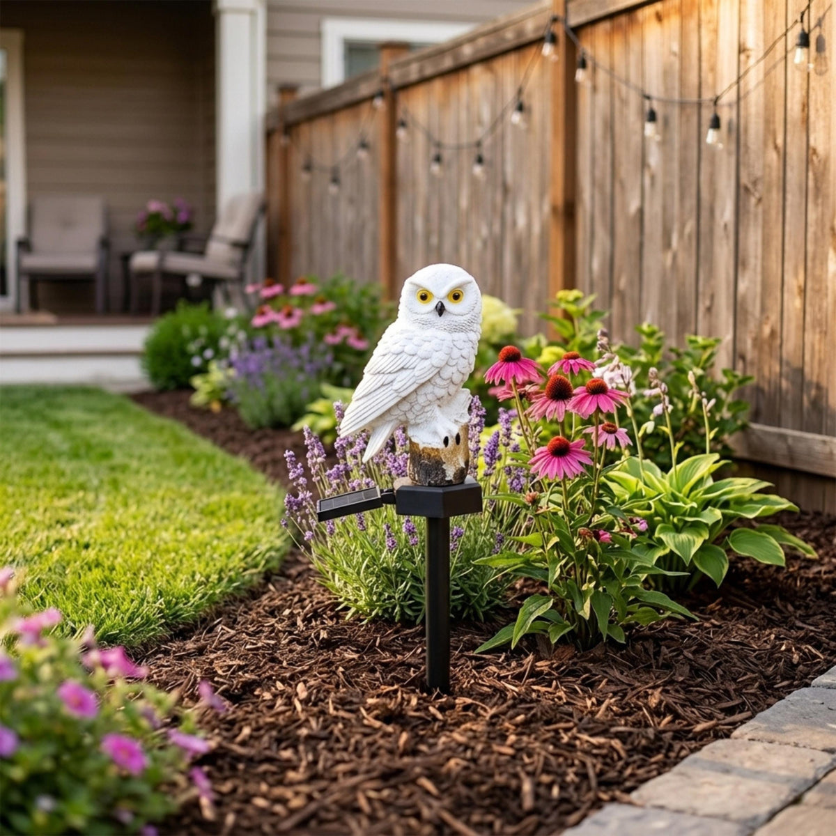 White solar owl light placed in a backyard flower border