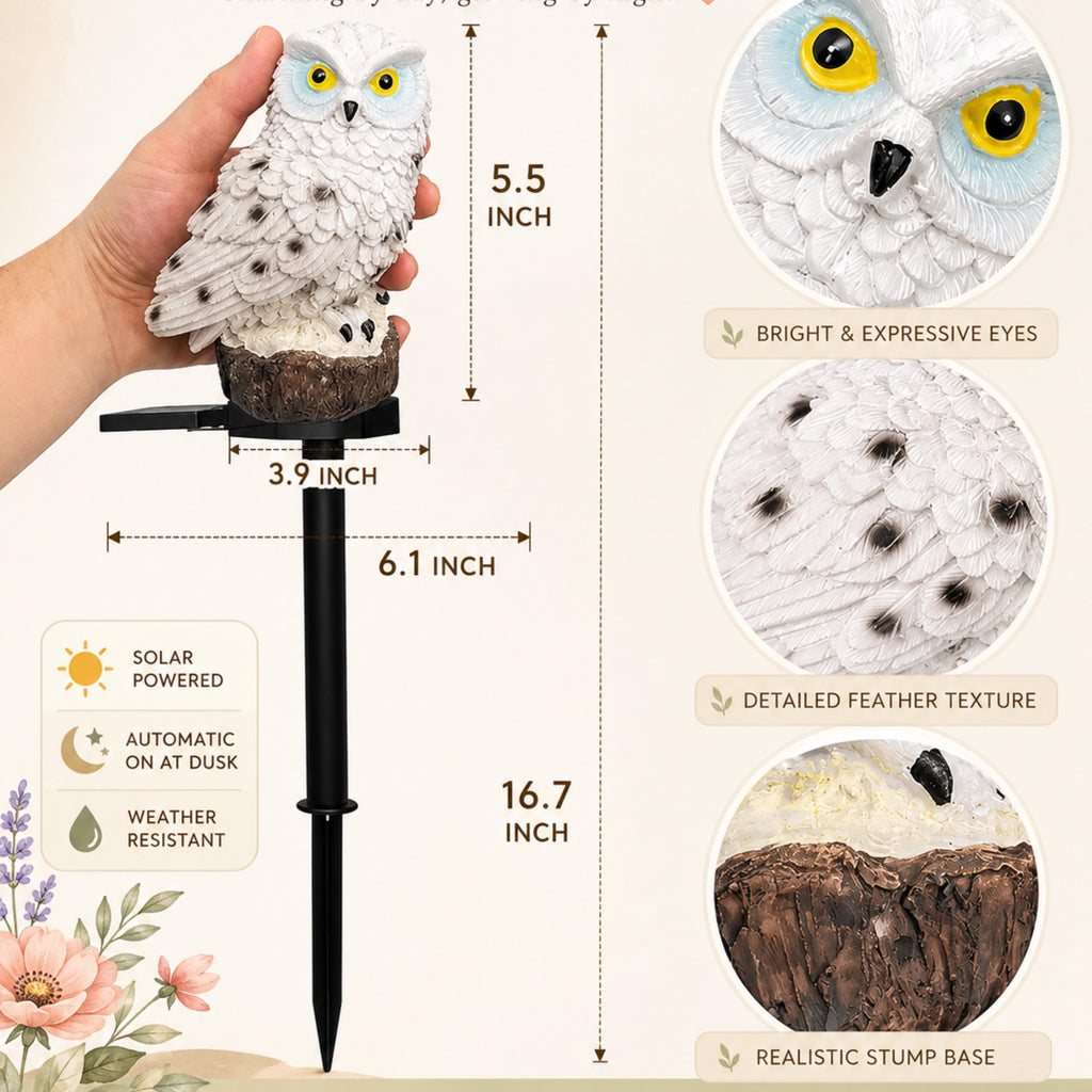 Size chart for solar owl light with 16.7-inch stake and feature details