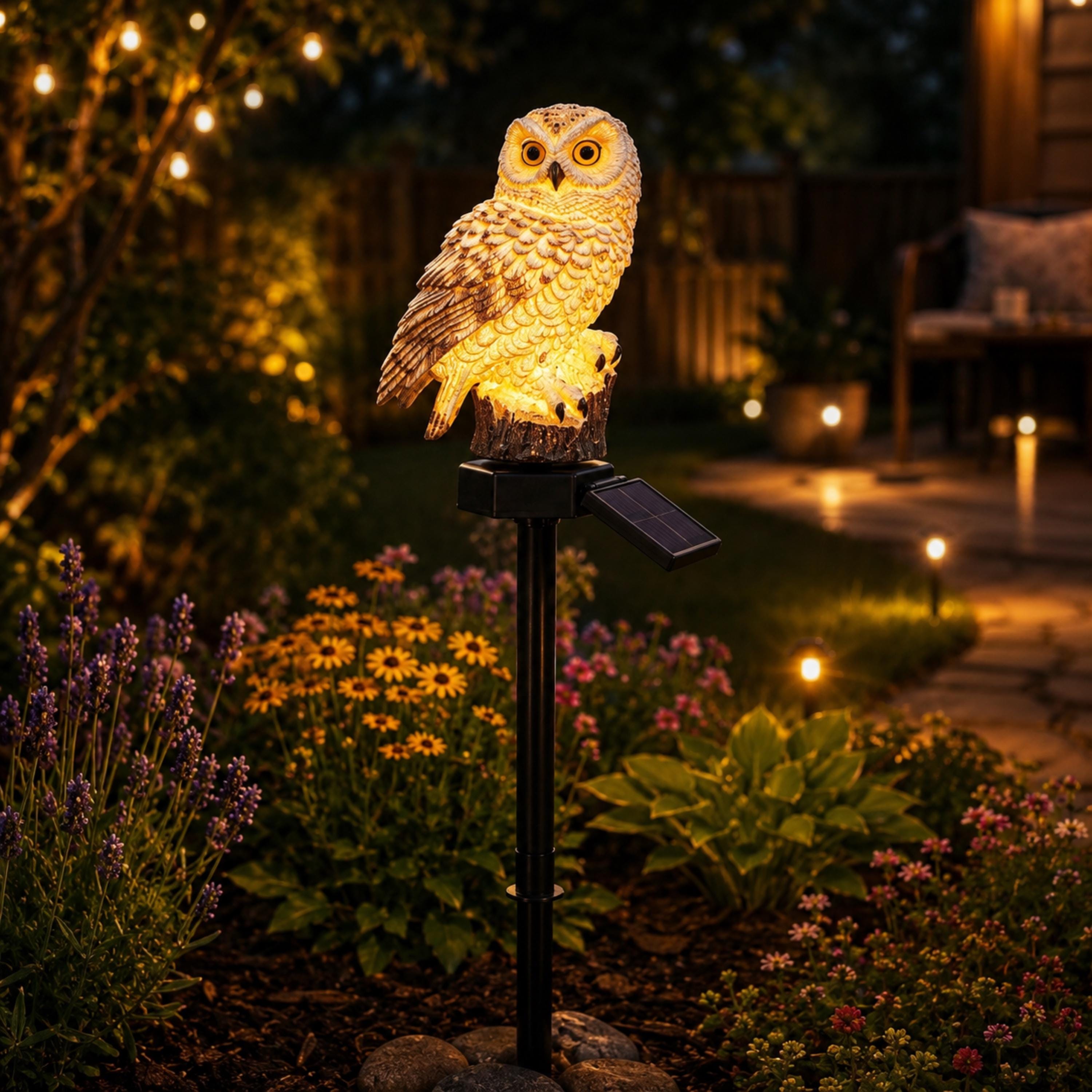 Brown solar owl light on a garden stake illuminating a flower bed