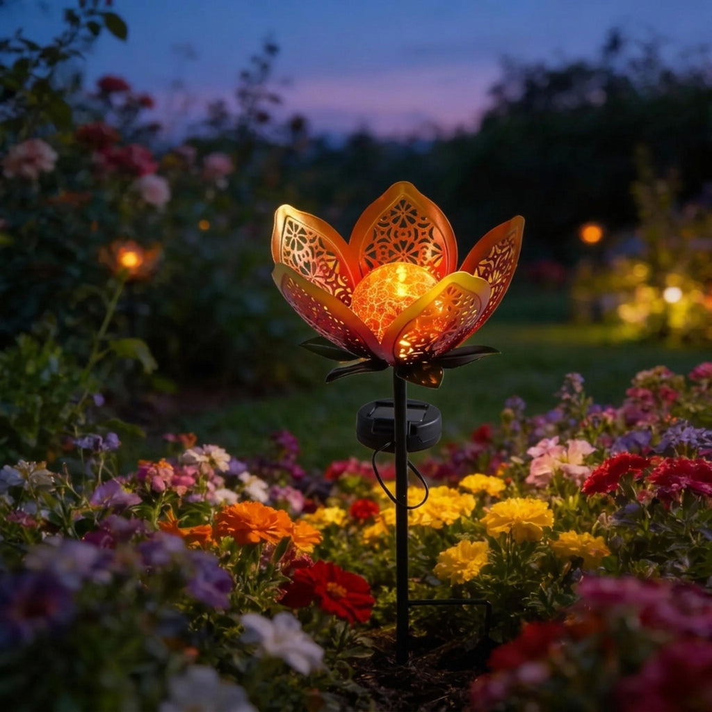Single amber solar lotus stake light glowing above colorful flowers