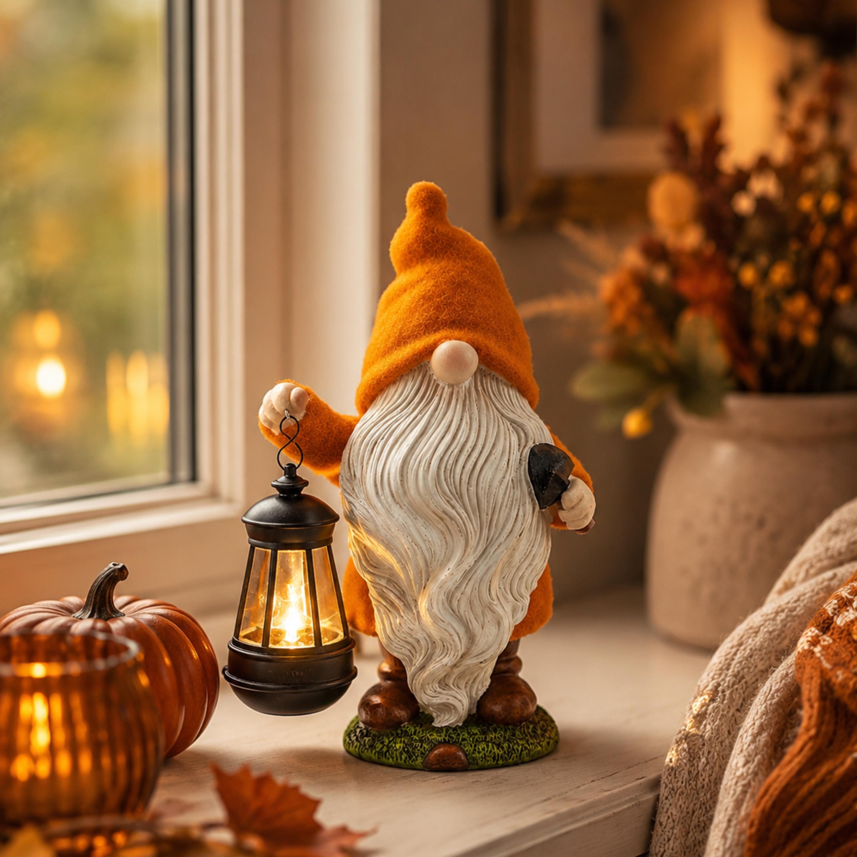 Fall lantern gnome displayed on a bright indoor windowsill