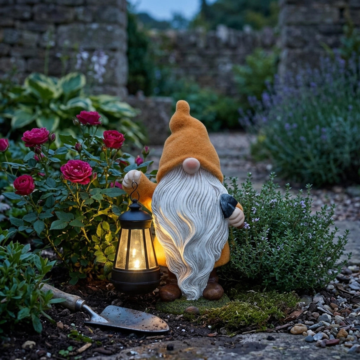 Orange-hat lantern gnome among roses in an evening garden