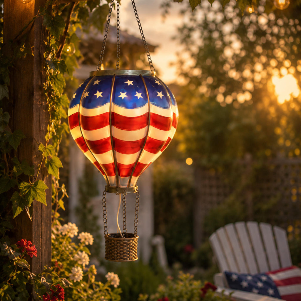 Patriotic hanging balloon lantern glowing in warm evening sunlight