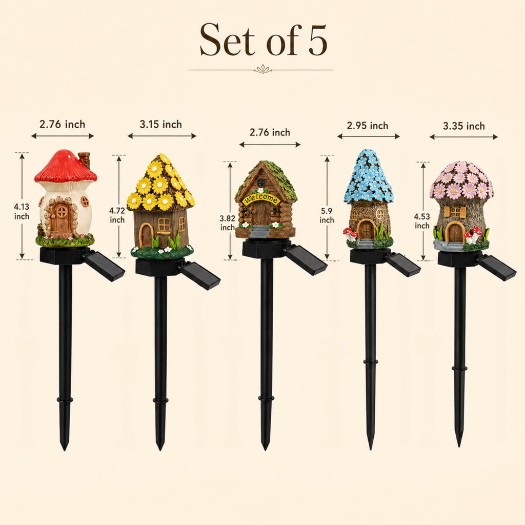Size chart showing five solar mushroom and cottage light designs