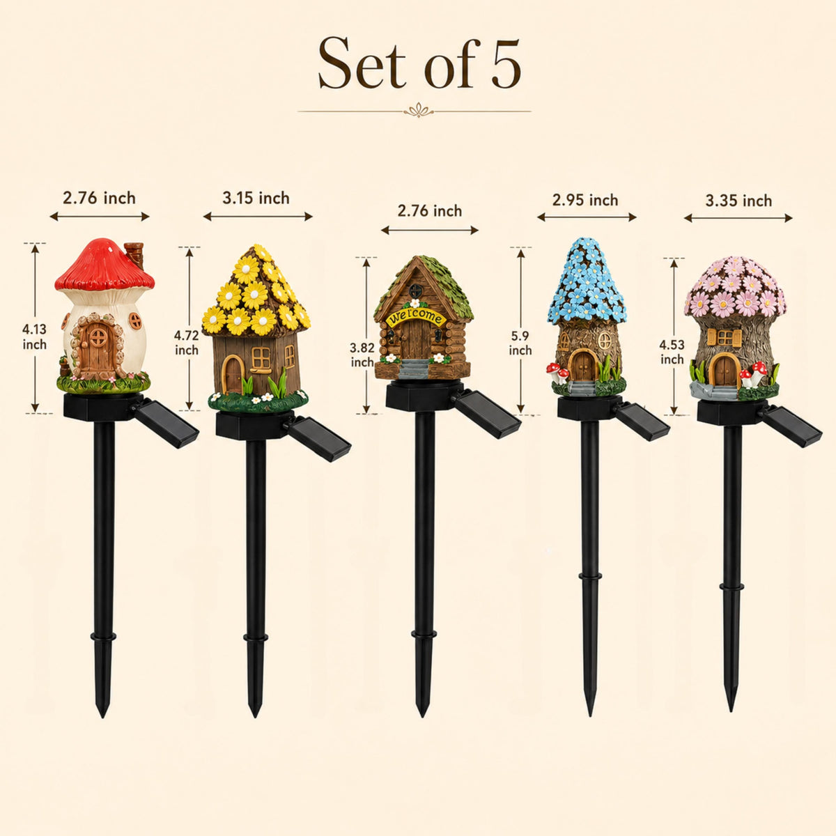 Size chart showing five solar mushroom and cottage light designs