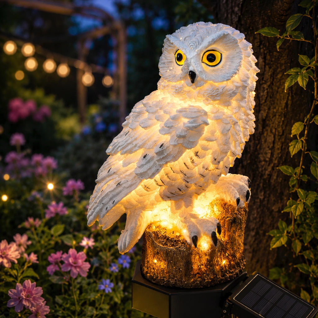 White solar owl garden light glowing beside a tree and flowers at night