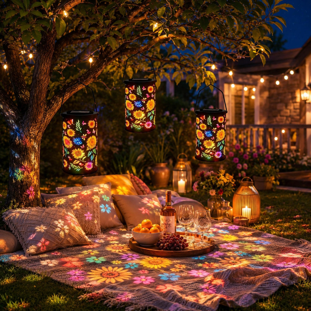 Solar flower projection lanterns hanging above a garden picnic setup
