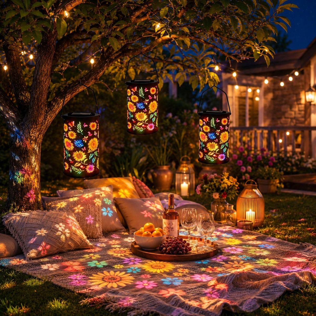 Solar flower projection lanterns hanging above a garden picnic setup