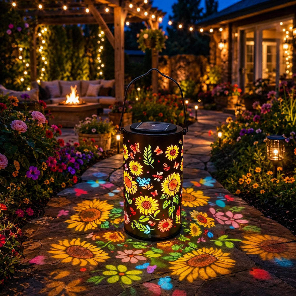 Hanging solar lantern casting sunflower light across a garden path