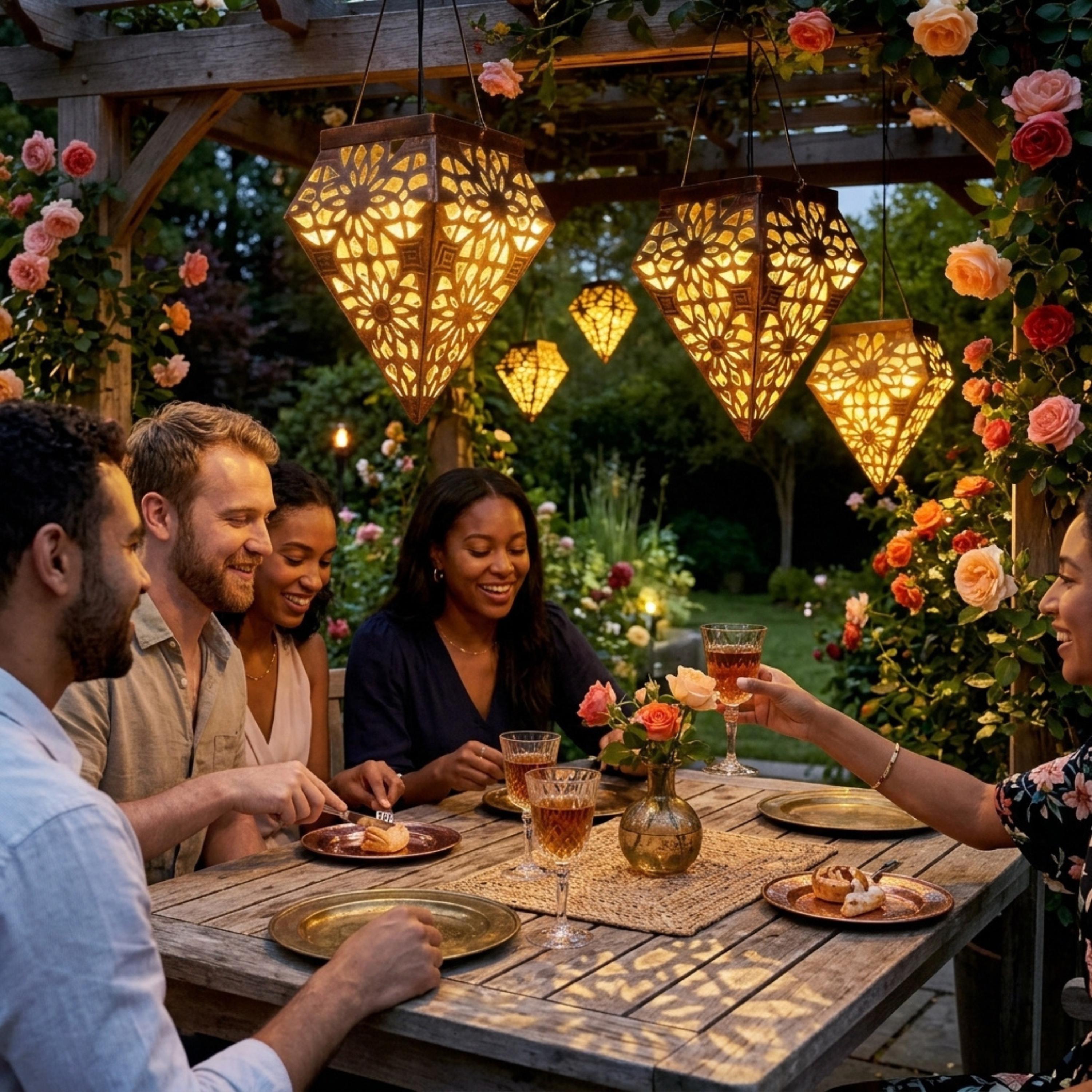 Hanging solar lanterns lighting an outdoor dinner beneath a rose pergola