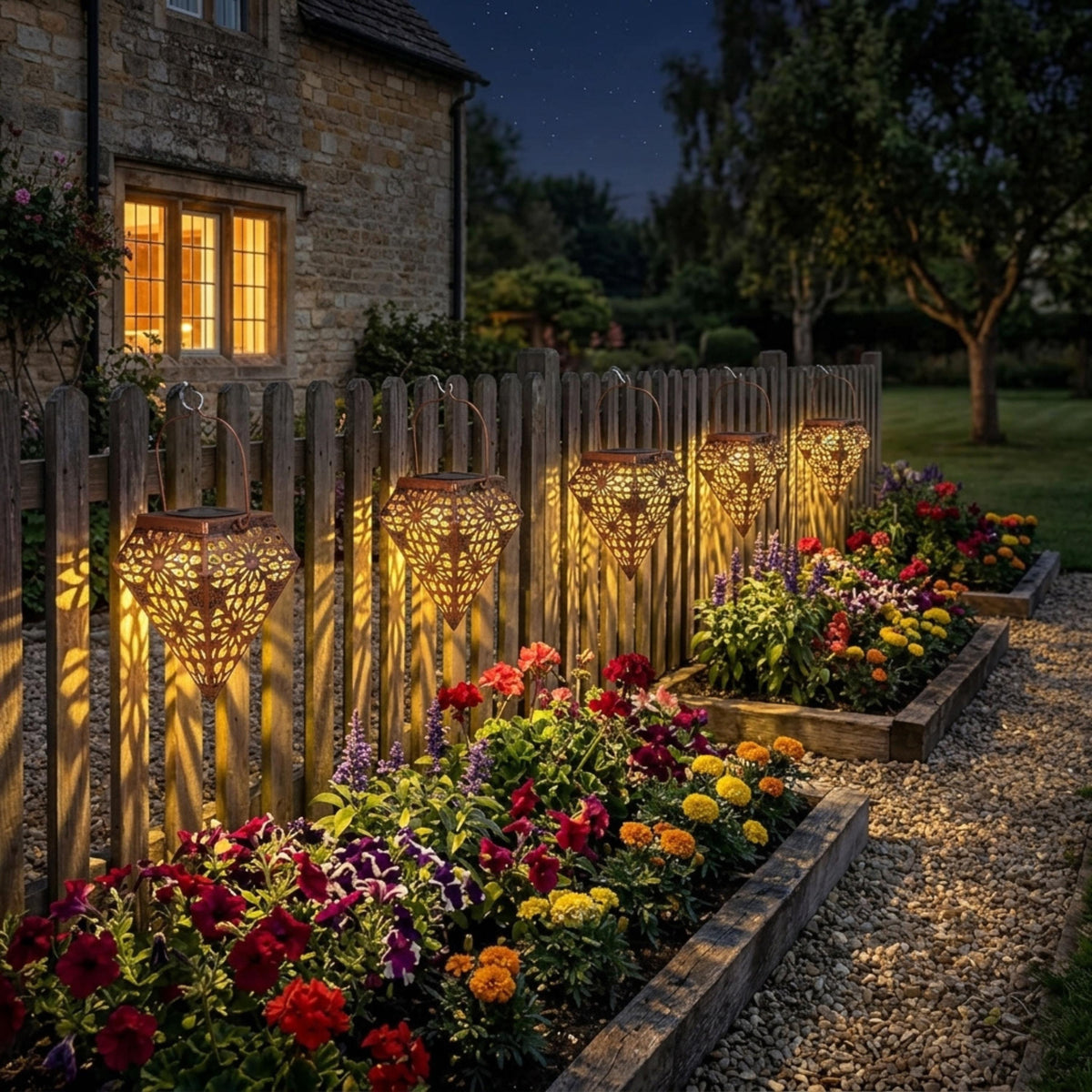 Set of solar lanterns lighting a garden fence and flower bed