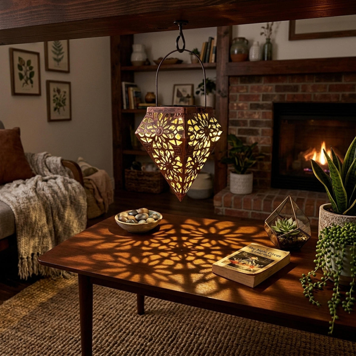 Hanging solar lantern illuminating an indoor table with a warm pattern