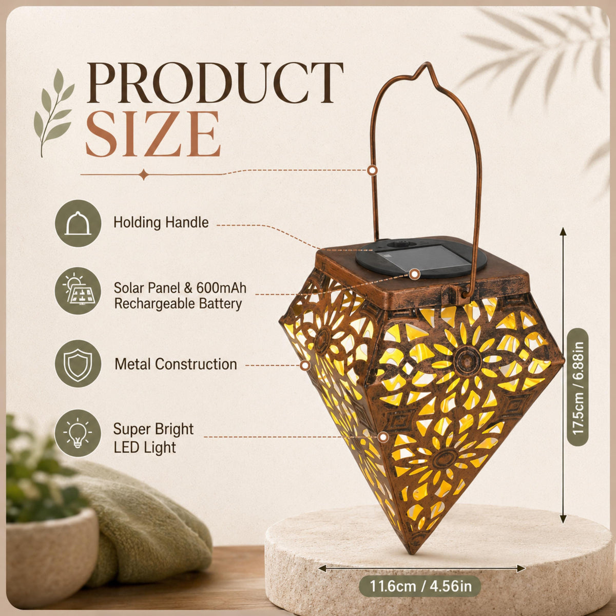 Size and feature guide for metal solar lantern with 600mAh battery