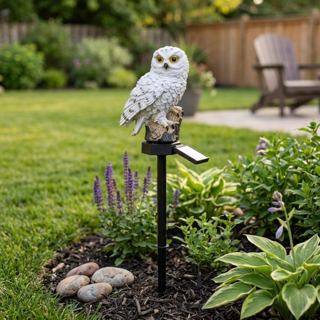 Brown solar owl garden light beside hostas and a stone border