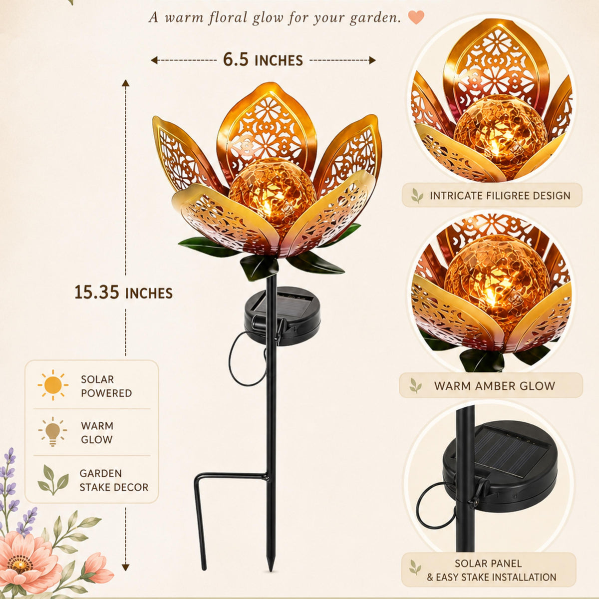 Size and feature guide for 15.35-inch solar lotus stake light