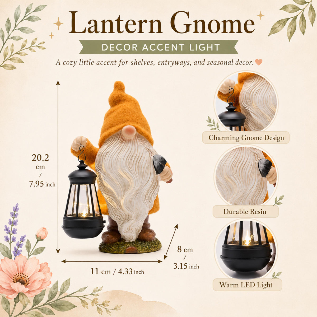 Size and material guide for 7.95-inch orange lantern gnome
