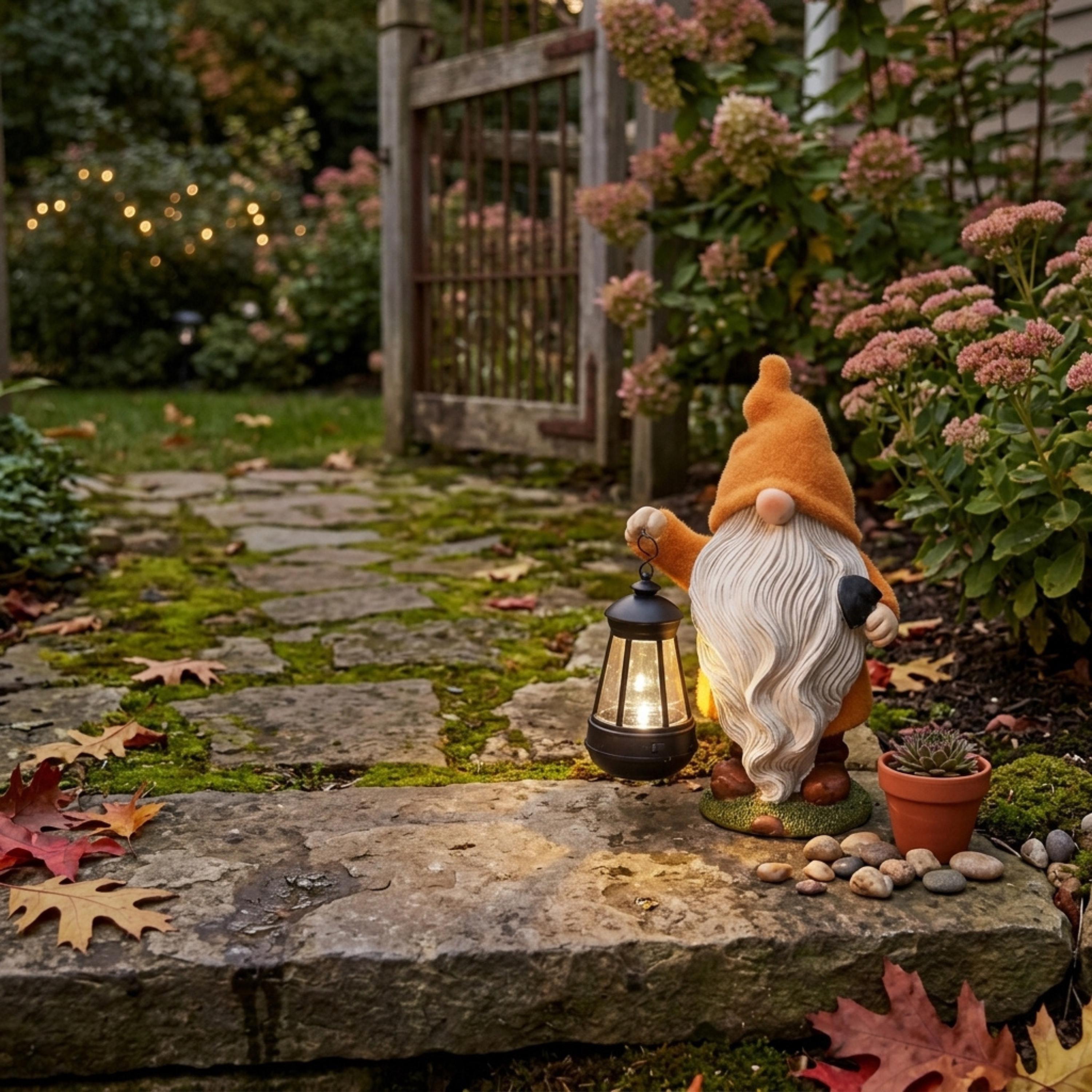 Fall garden gnome with glowing lantern beside a stone walkway