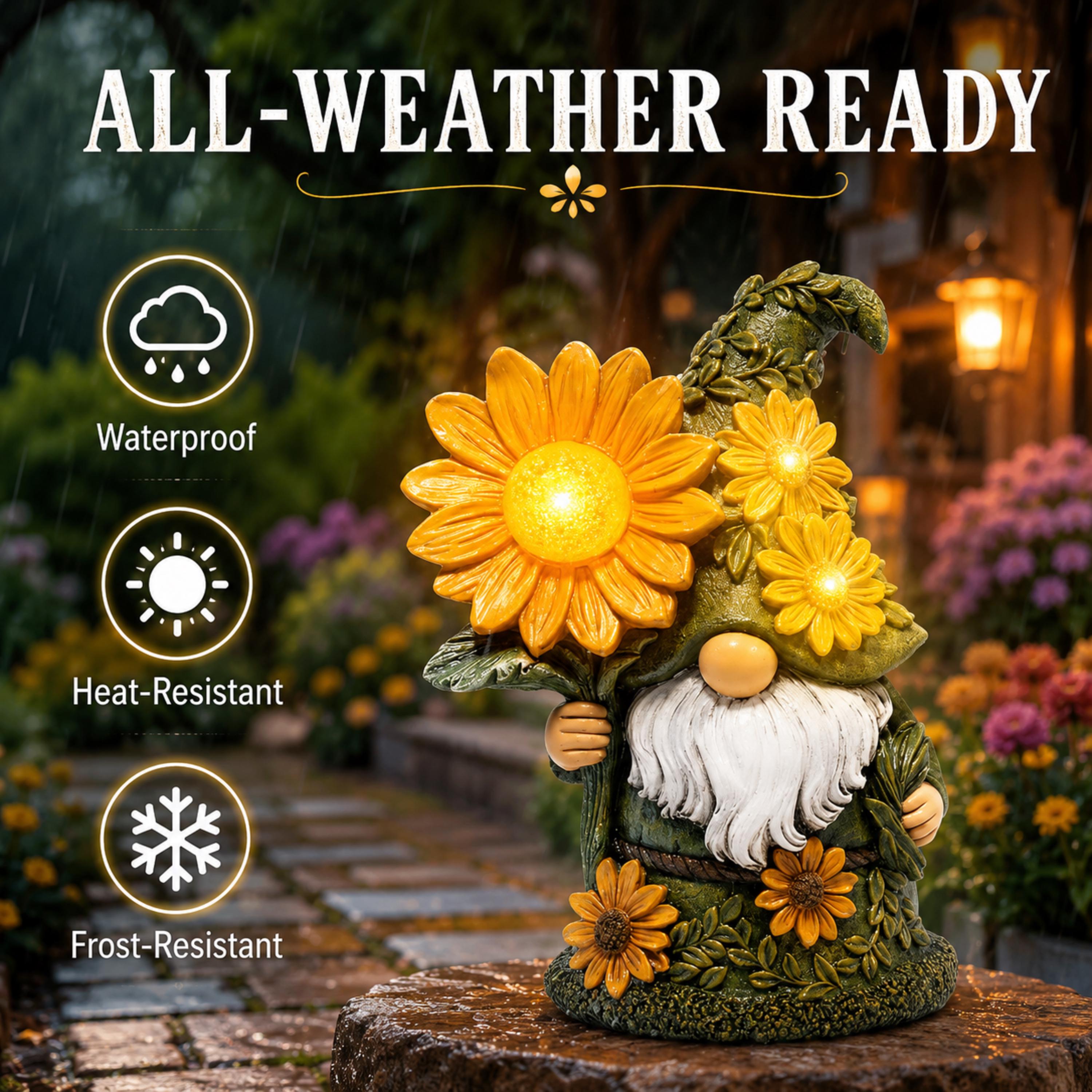 Outdoor care feature graphic for solar daisy garden gnome