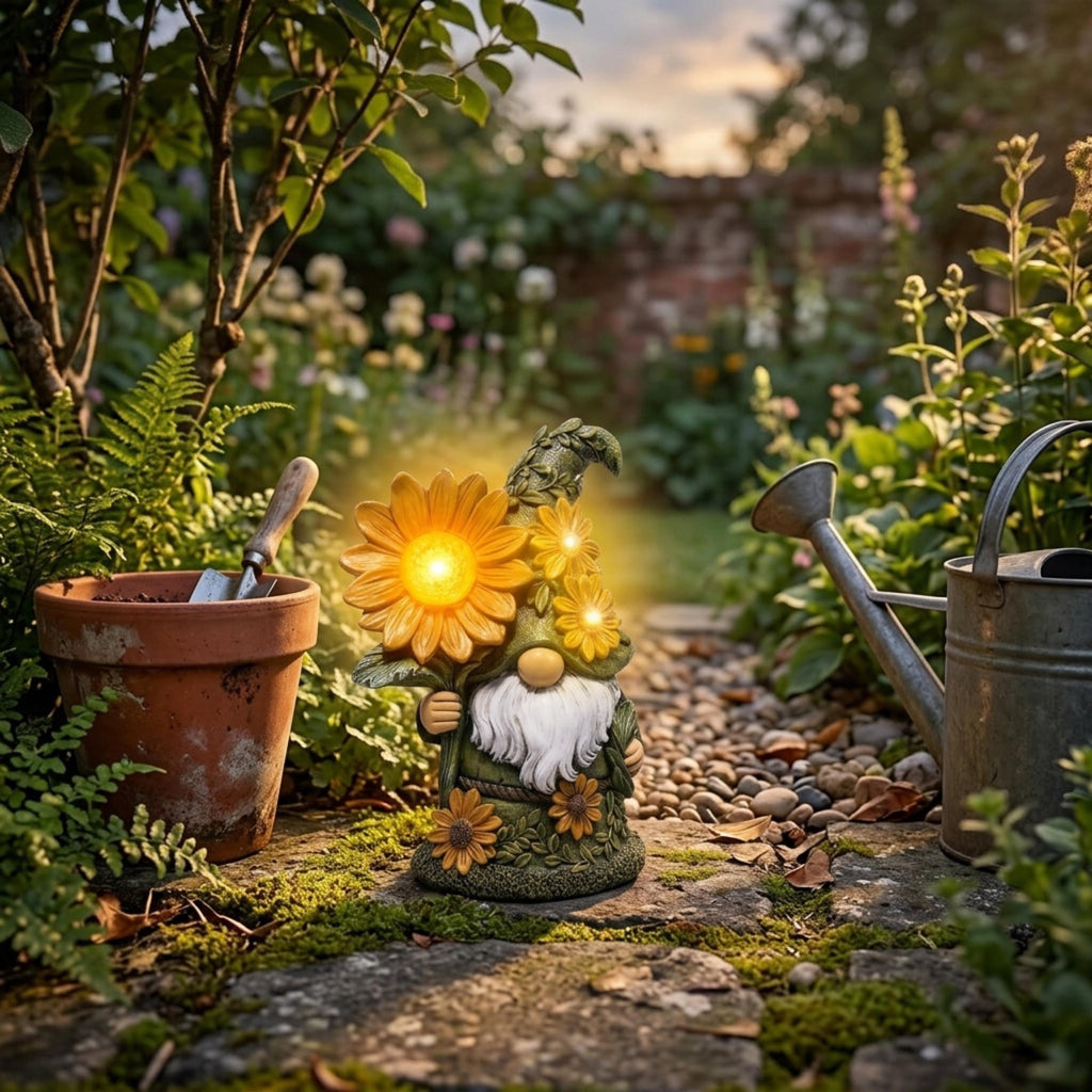 Light-up yellow flower gnome beside a stone garden path