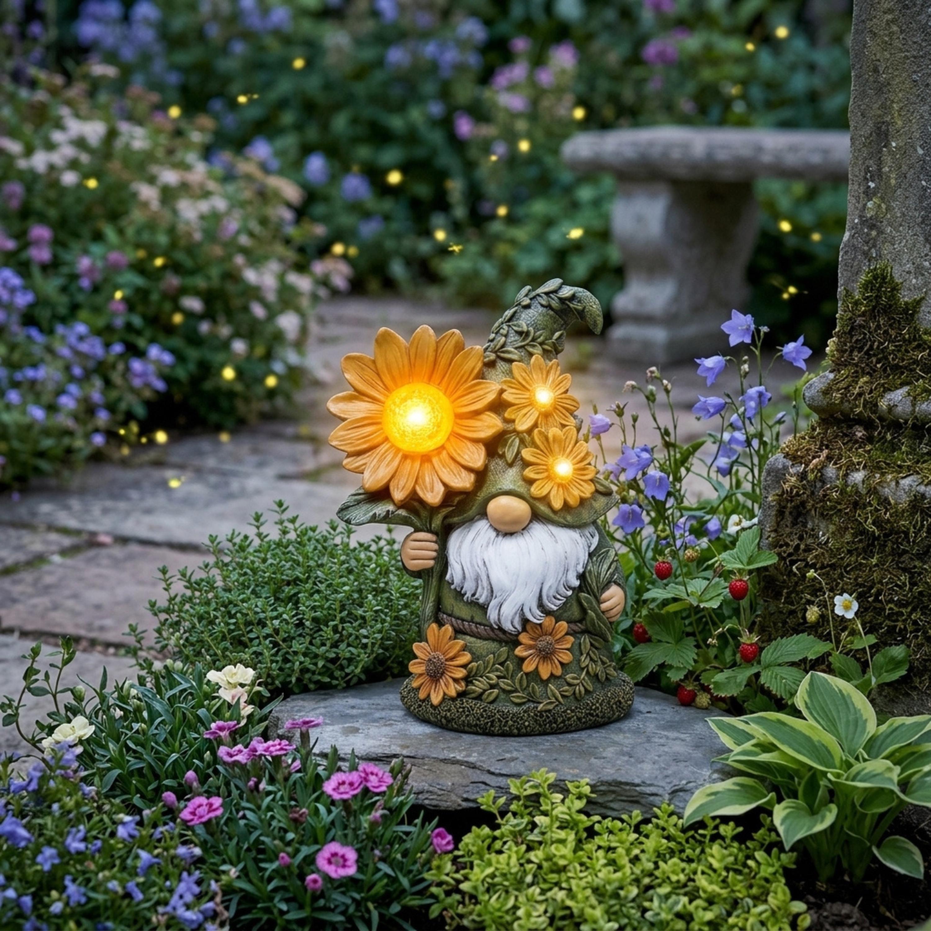 Solar daisy garden gnome glowing near purple flowers at dusk