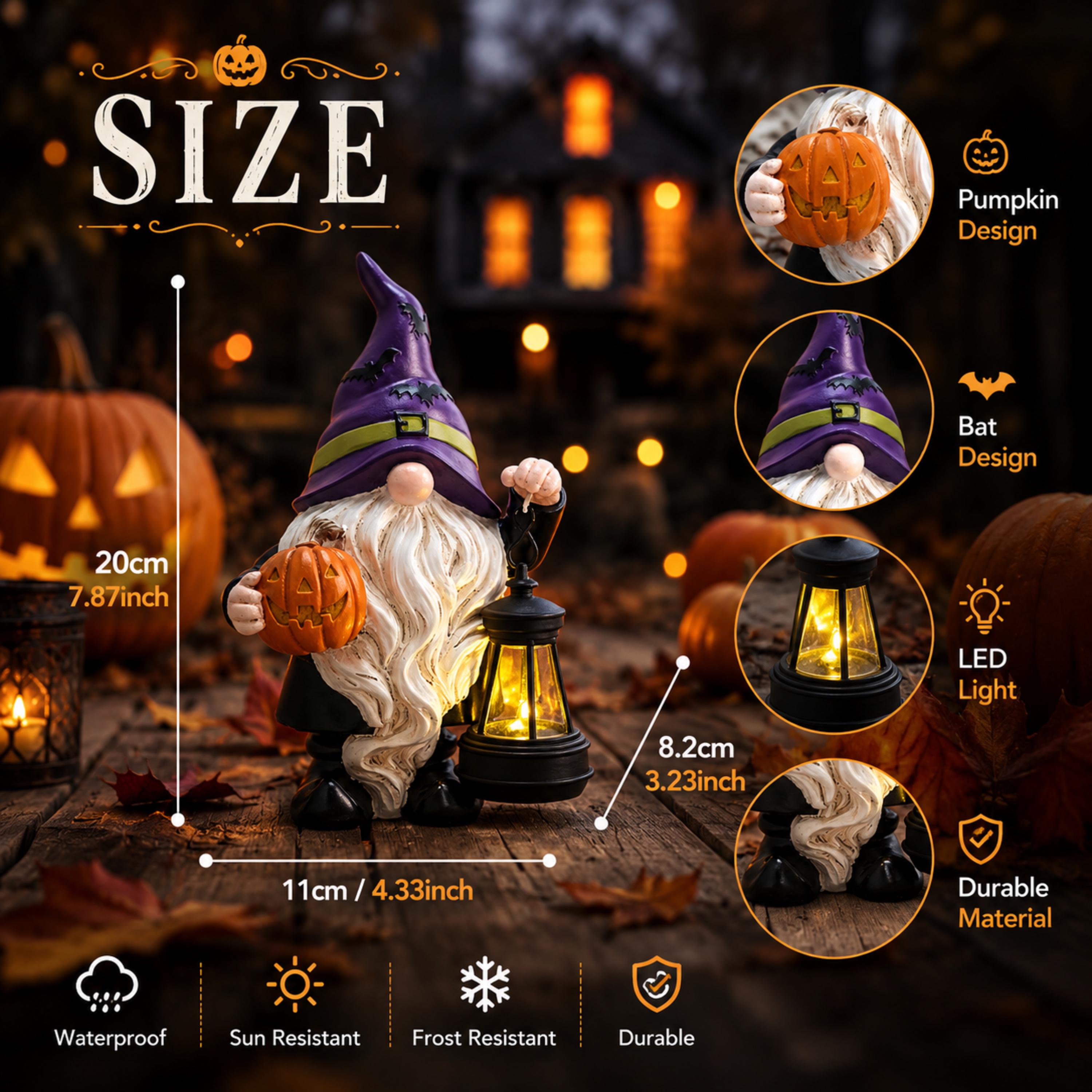 Size and feature guide for 7.9-inch Halloween lantern gnome
