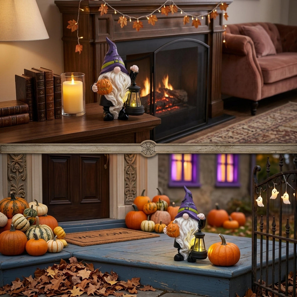 Halloween gnome glowing by a fireplace and outdoor pumpkin display