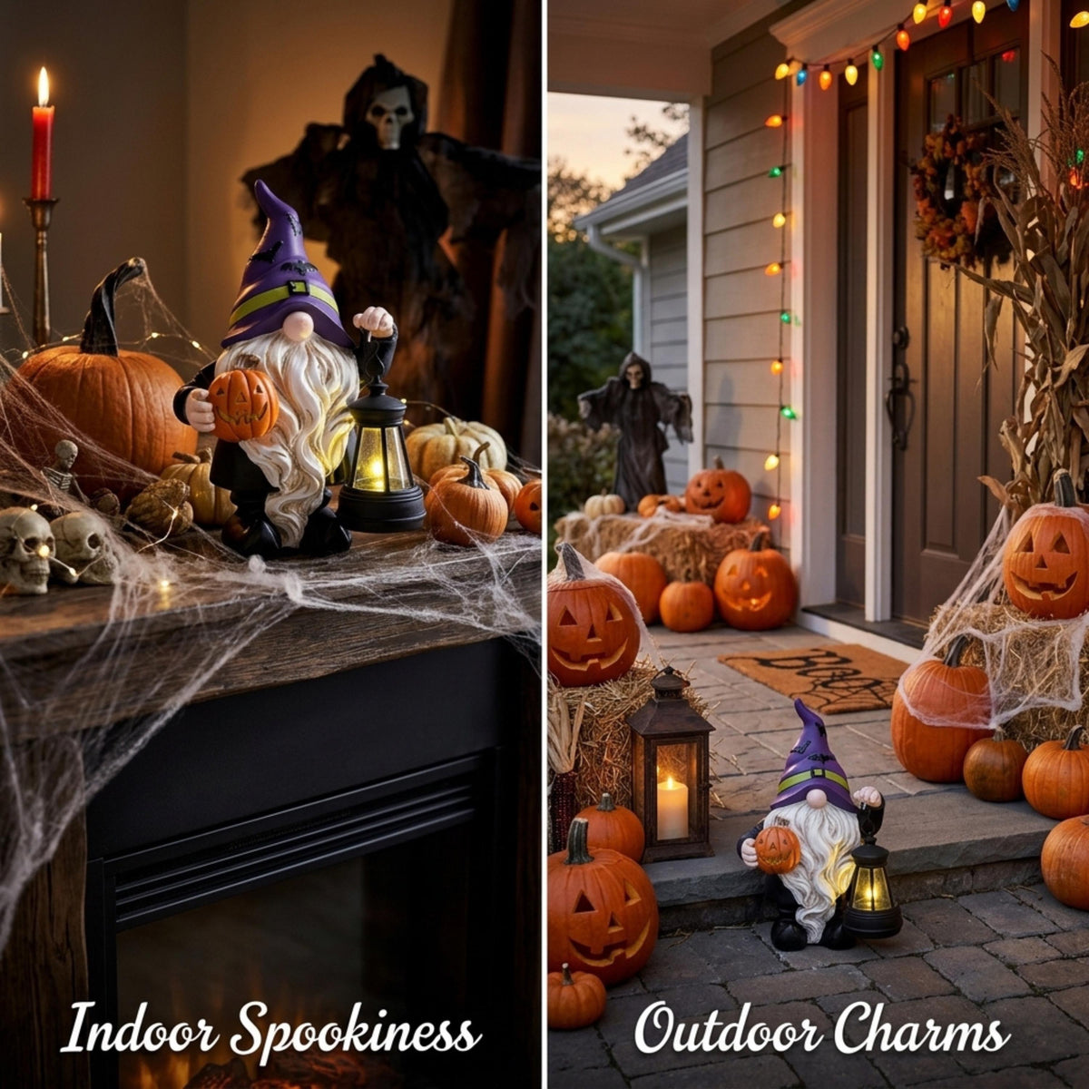 Halloween gnome with lantern styled indoors and on porch steps