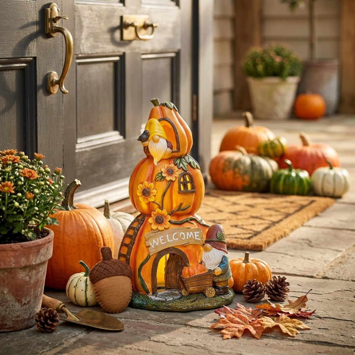 Pumpkin cottage welcome statue beside an autumn front door