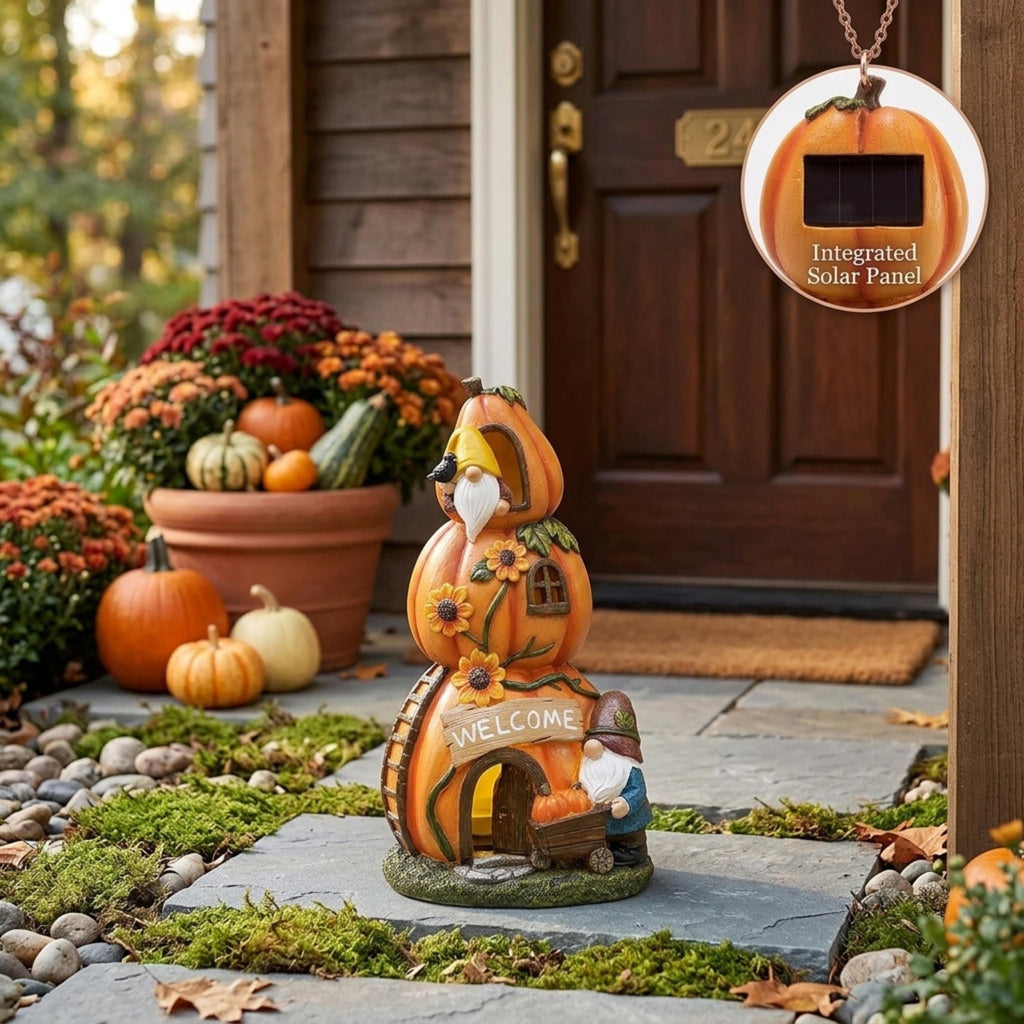 Pumpkin cottage garden statue showing the integrated solar panel