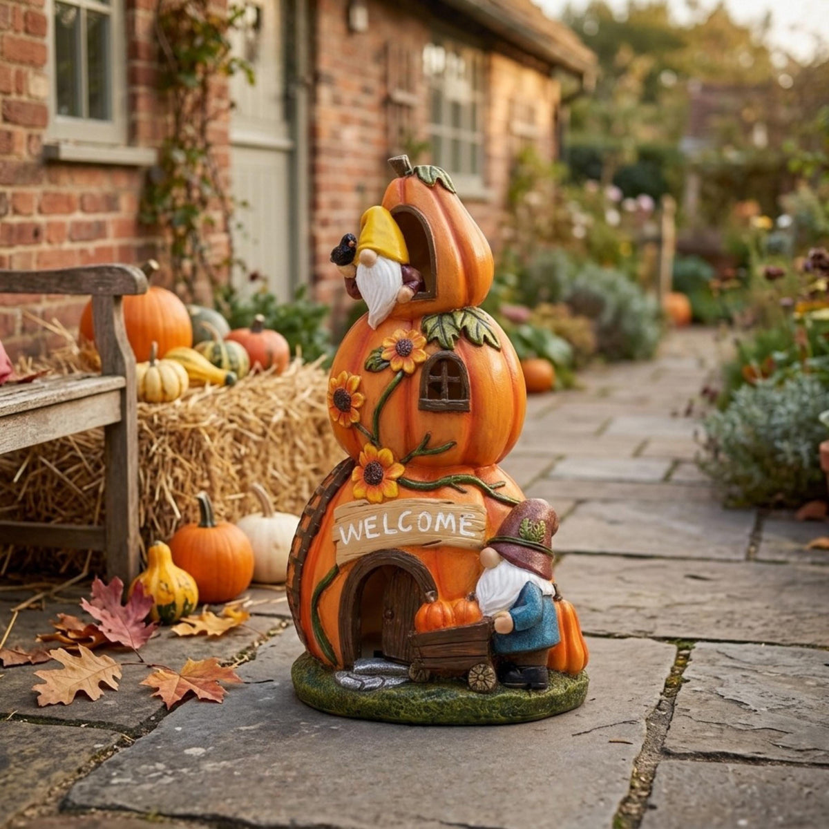 Solar pumpkin cottage garden decor along a fall walkway