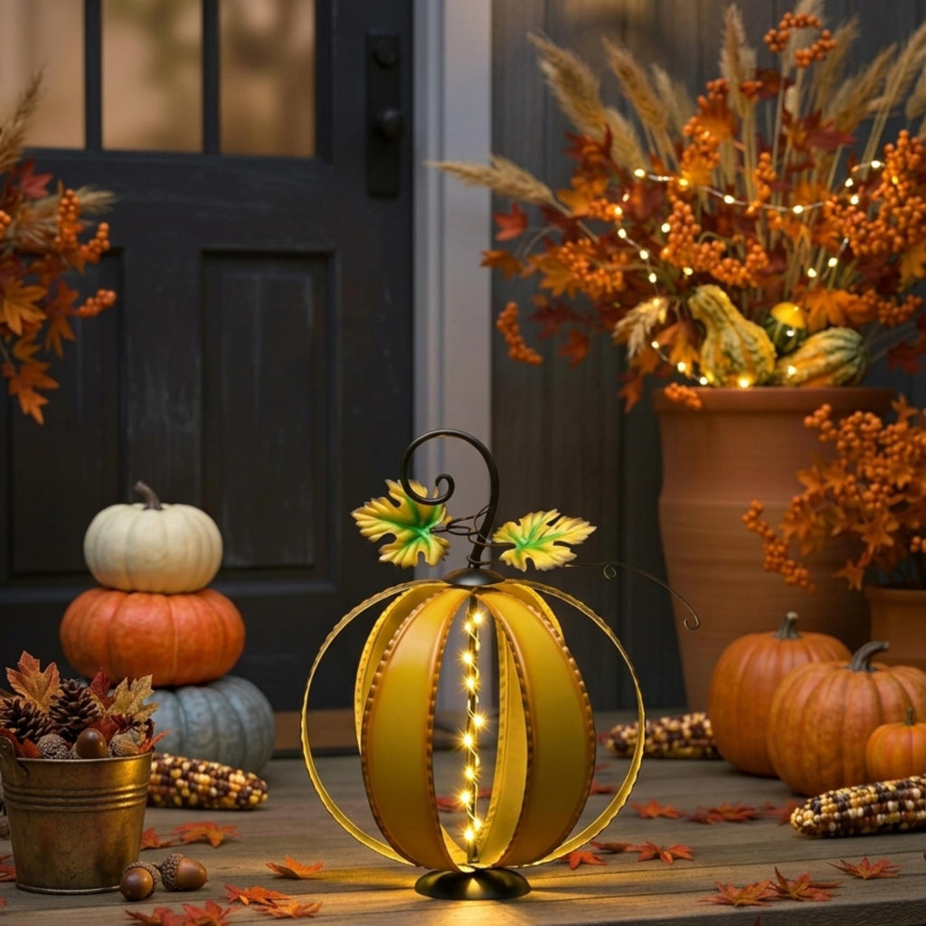 Battery-powered metal pumpkin decorating an autumn front porch
