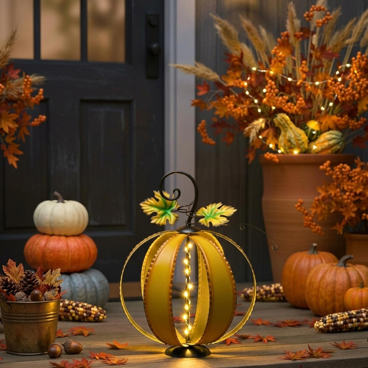 Battery-powered metal pumpkin decorating an autumn front porch