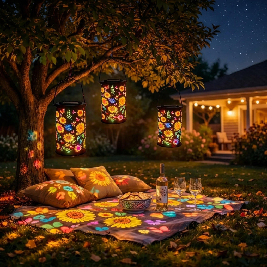 Three hanging sunflower solar lanterns lighting an outdoor picnic