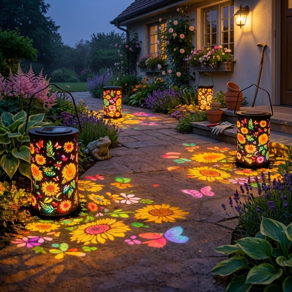 Colorful solar lanterns casting flower patterns near a house