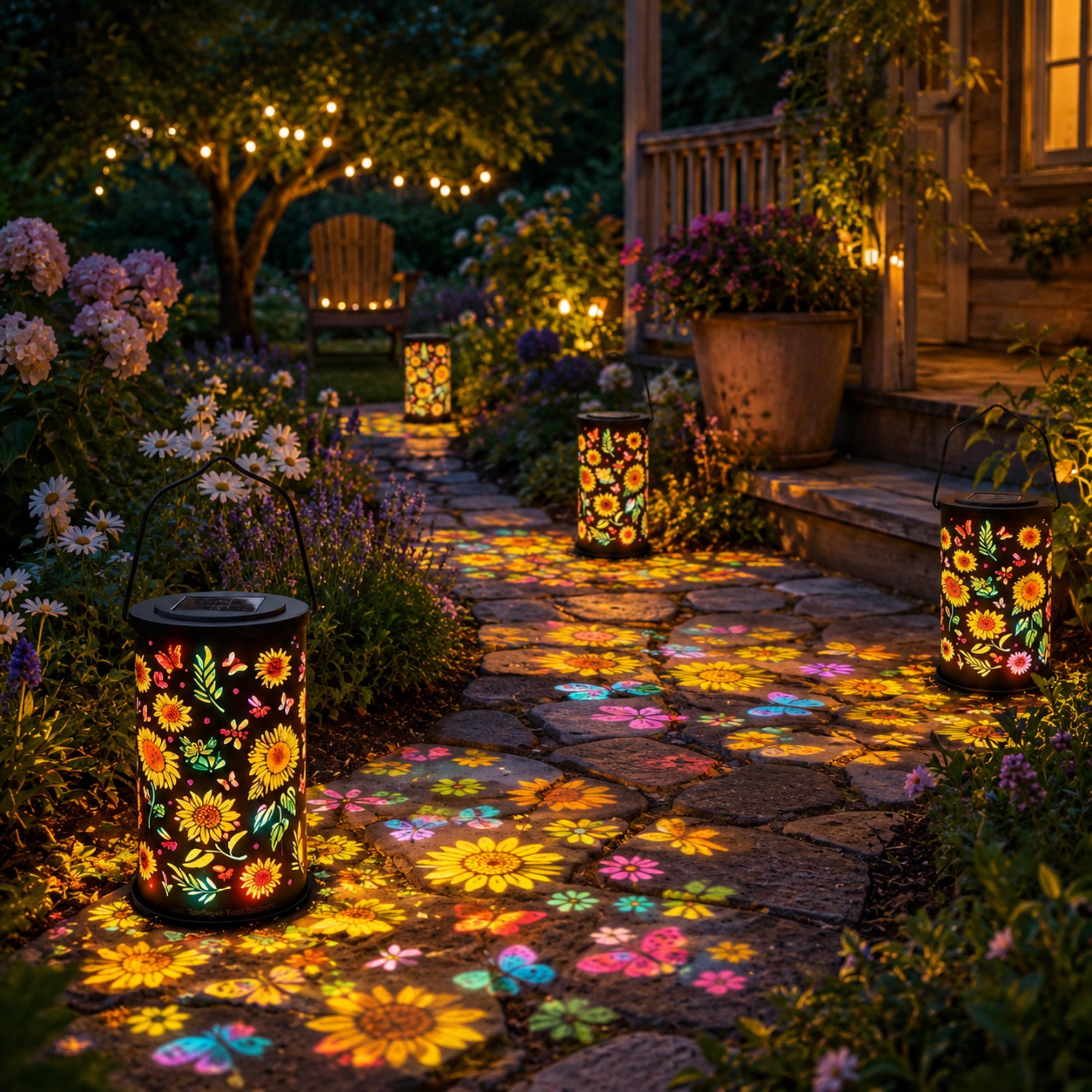 Multiple sunflower projection lanterns lighting a garden walkway