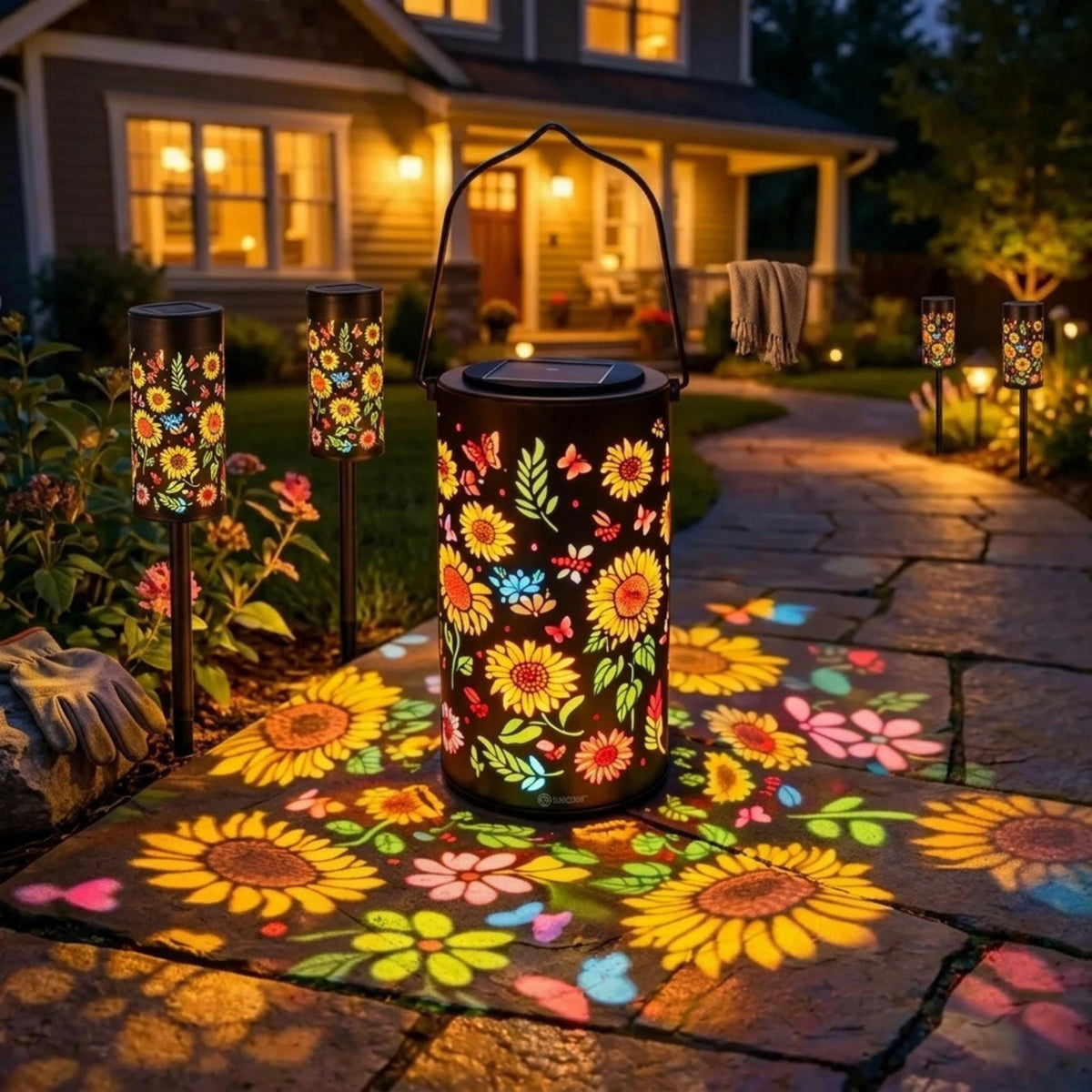 Floral cutout solar lantern with matching stake lights in a backyard