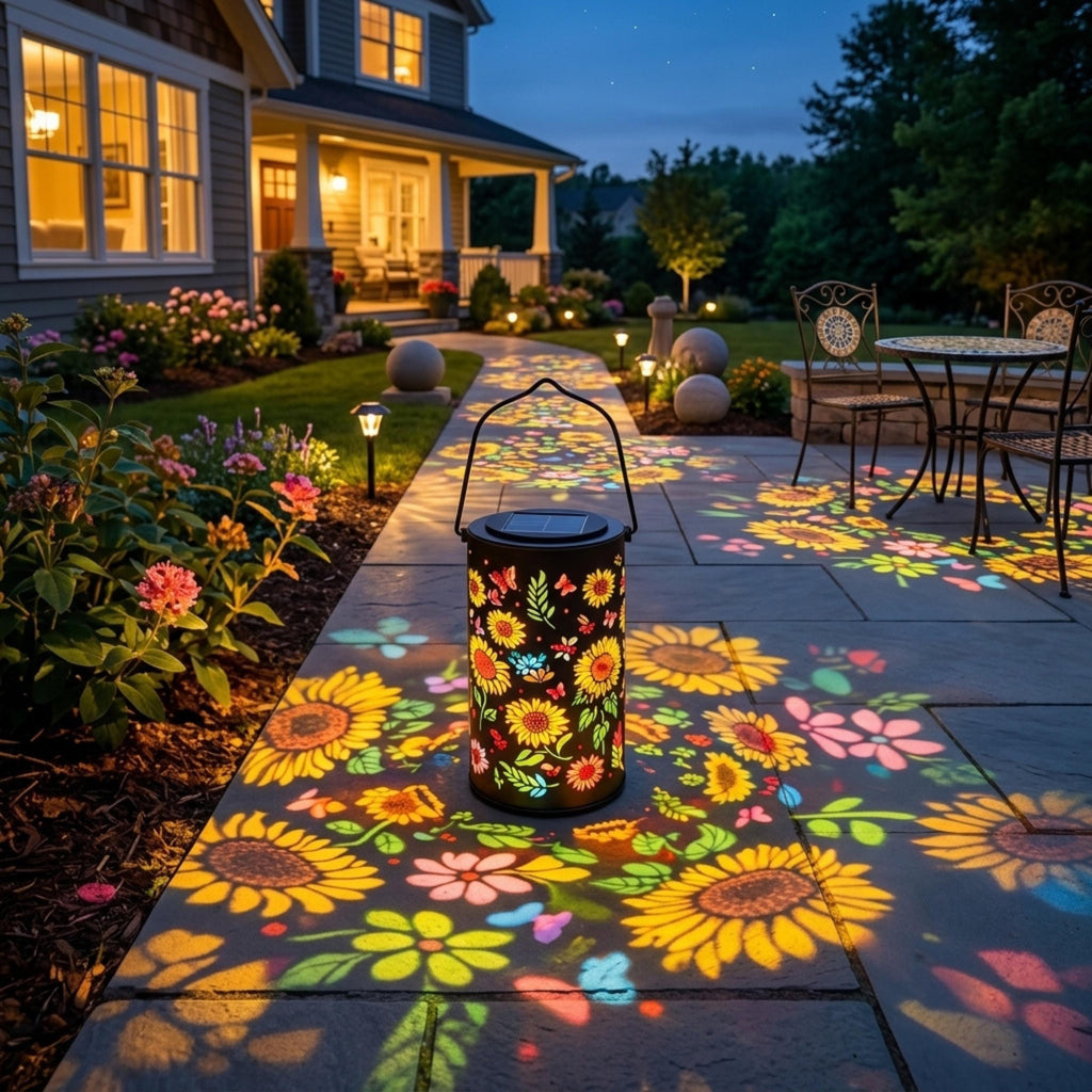 Sunflower solar lantern illuminating a patio path with colorful patterns