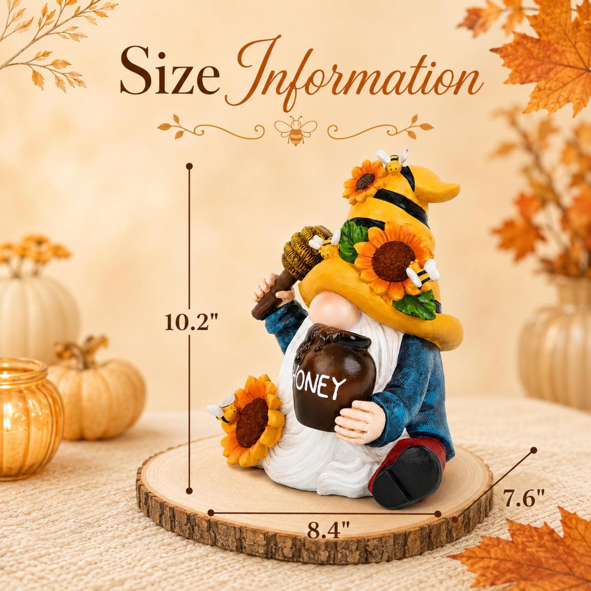 Size guide for 10.2-inch bee and sunflower garden gnome