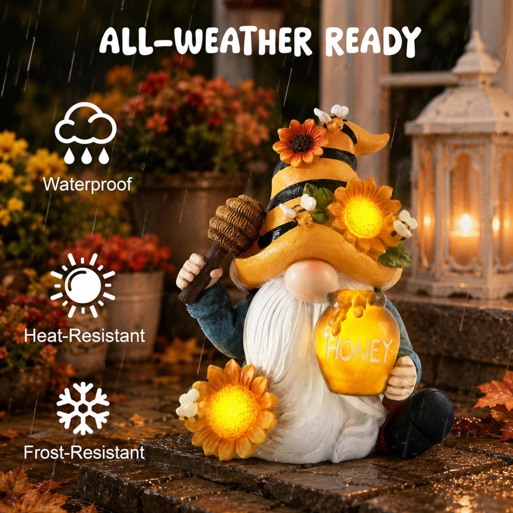 Outdoor care feature graphic for sunflower and honey jar gnome