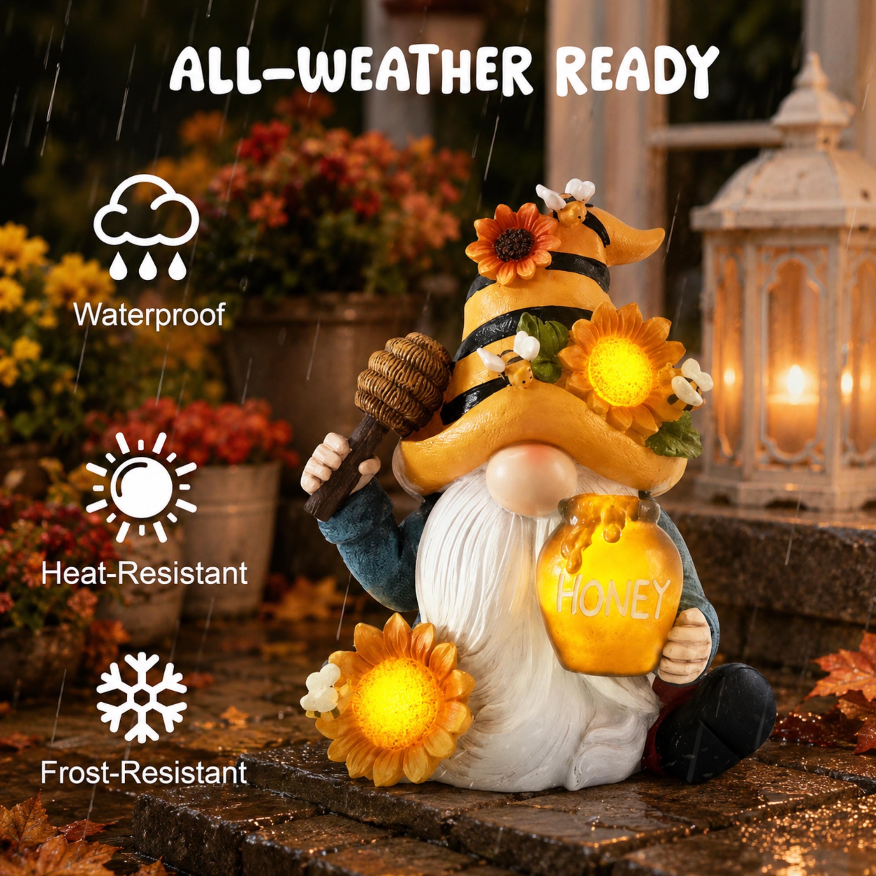 Outdoor care feature graphic for sunflower and honey jar gnome