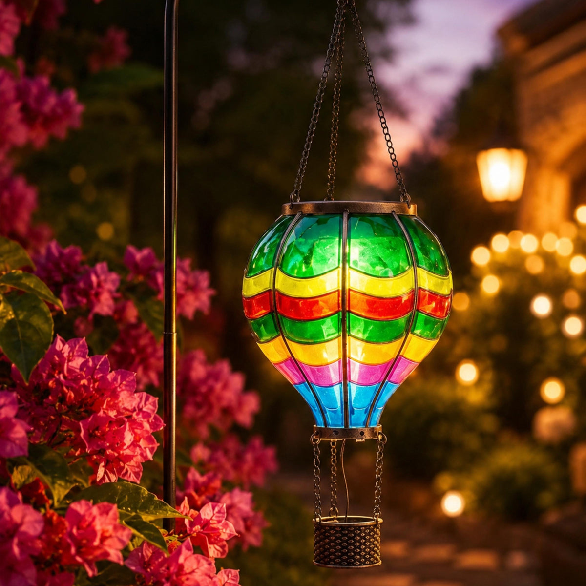 Close view of colorful solar balloon lantern with flickering LED light