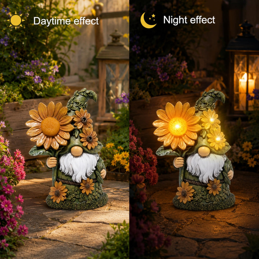 Day and night comparison of light-up flower gnome statue