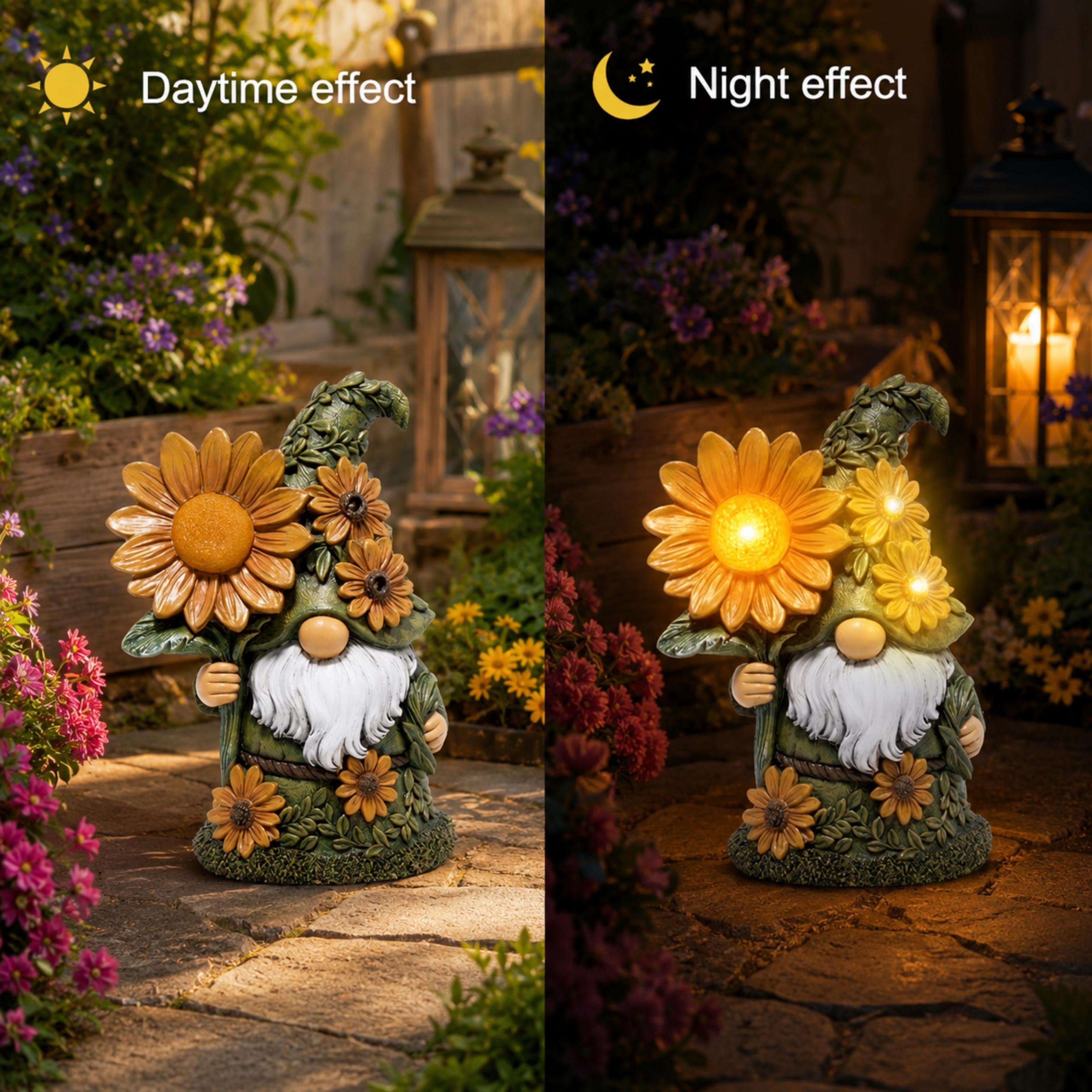 Day and night comparison of light-up flower gnome statue