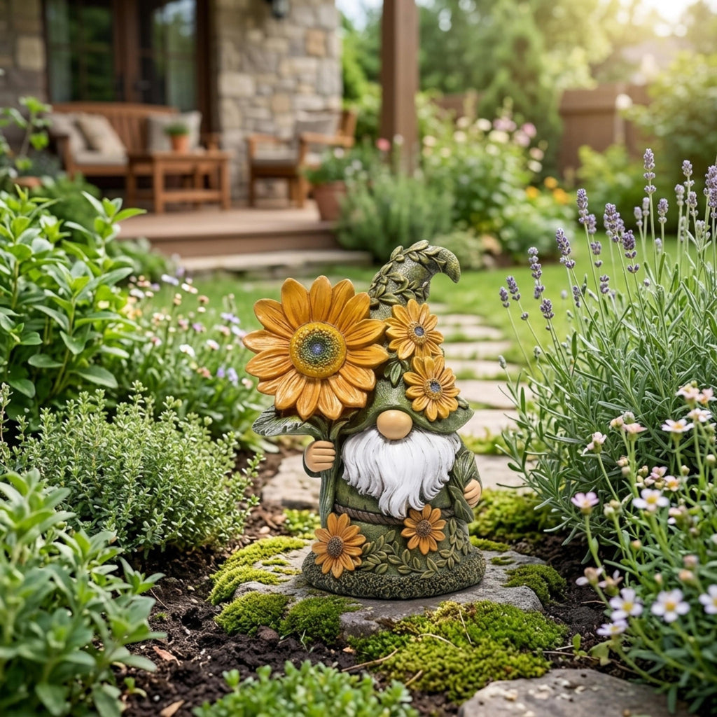 Solar daisy gnome displayed among herbs and garden flowers