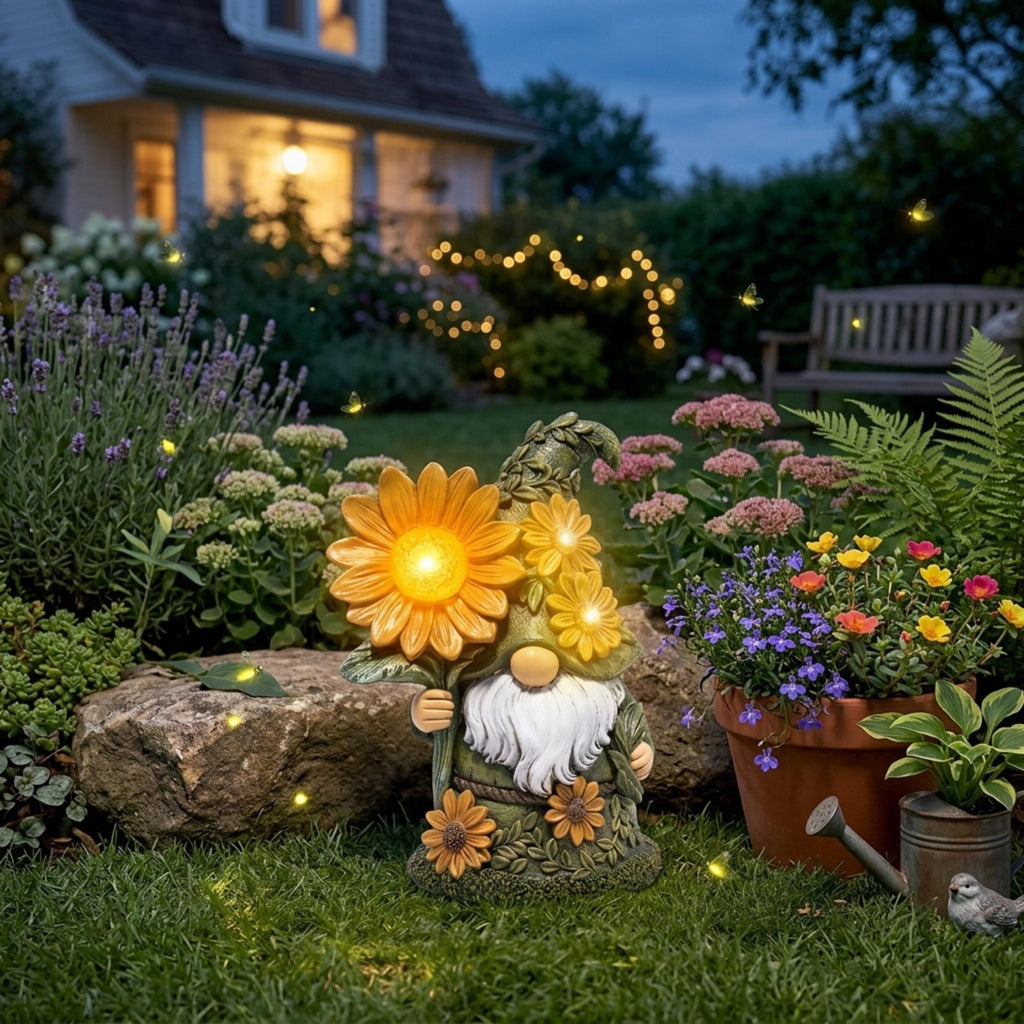 Solar daisy gnome with glowing yellow flowers in a colorful garden
