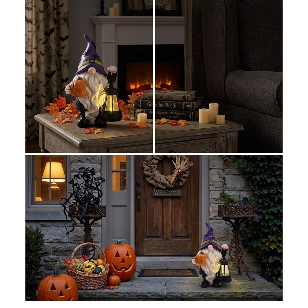 Halloween gnome shown in indoor and outdoor seasonal displays