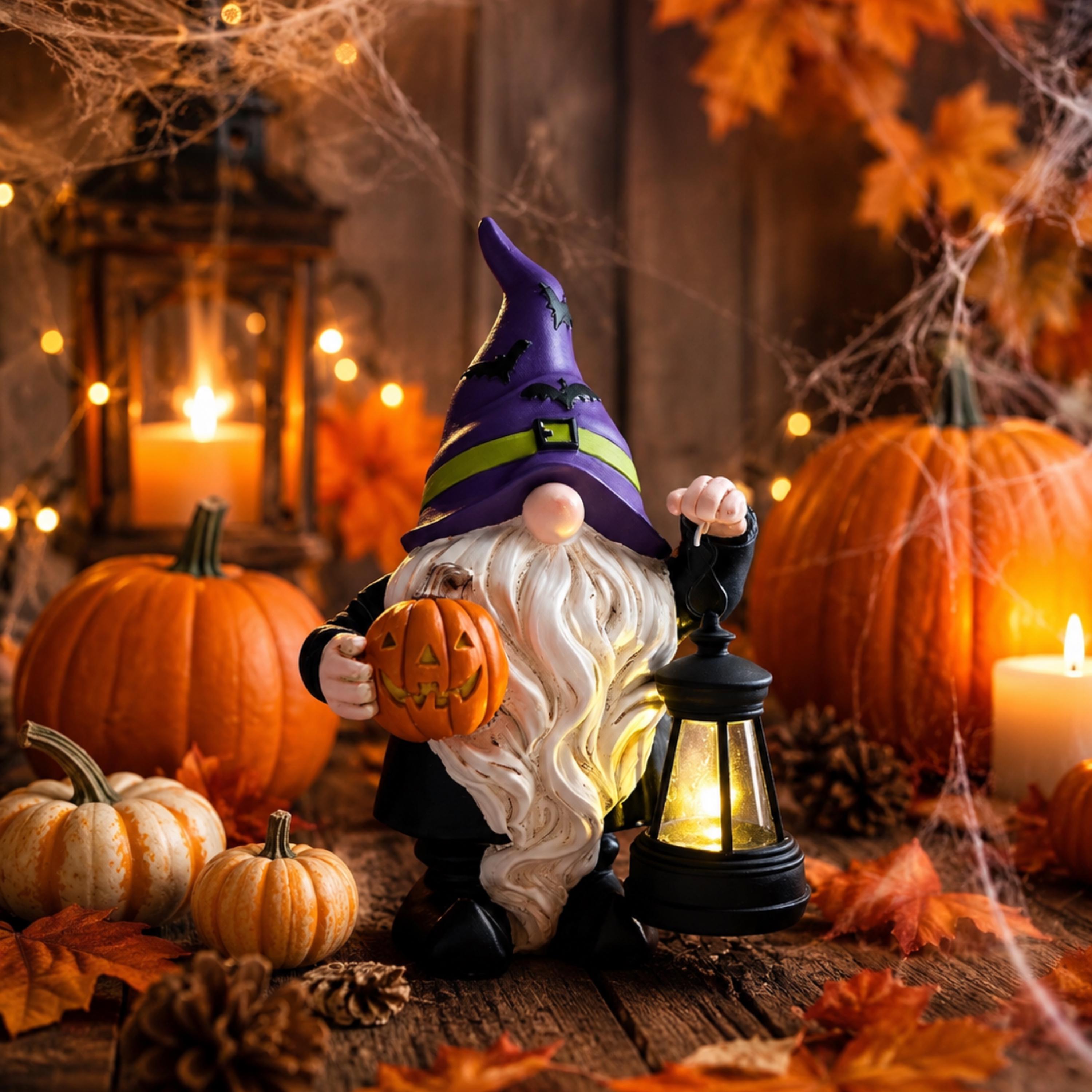 Purple-hat Halloween gnome glowing among autumn pumpkins